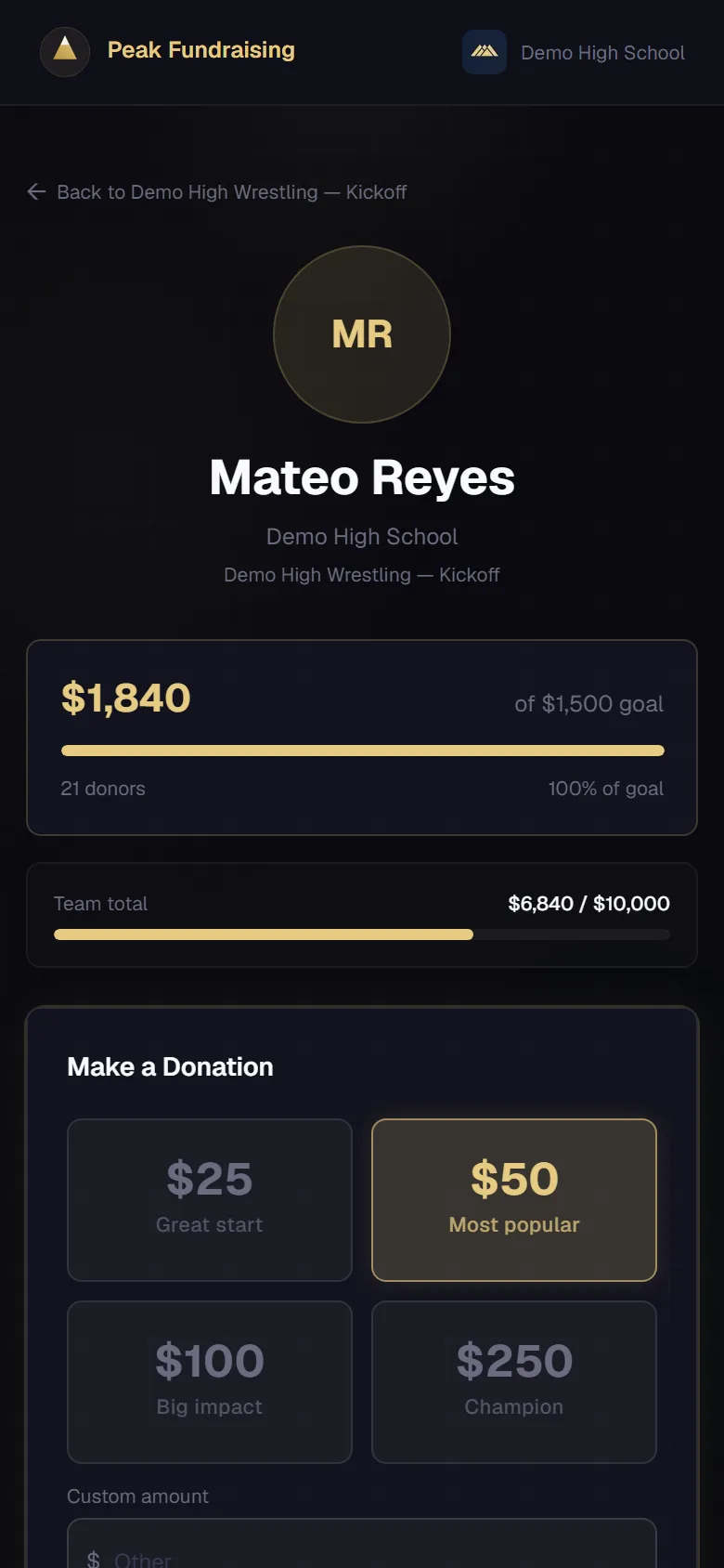 A Kickoff athlete's personal page on a phone: their goal beaten at $1,840 of $1,500, the team total bar, and one-tap donation amounts