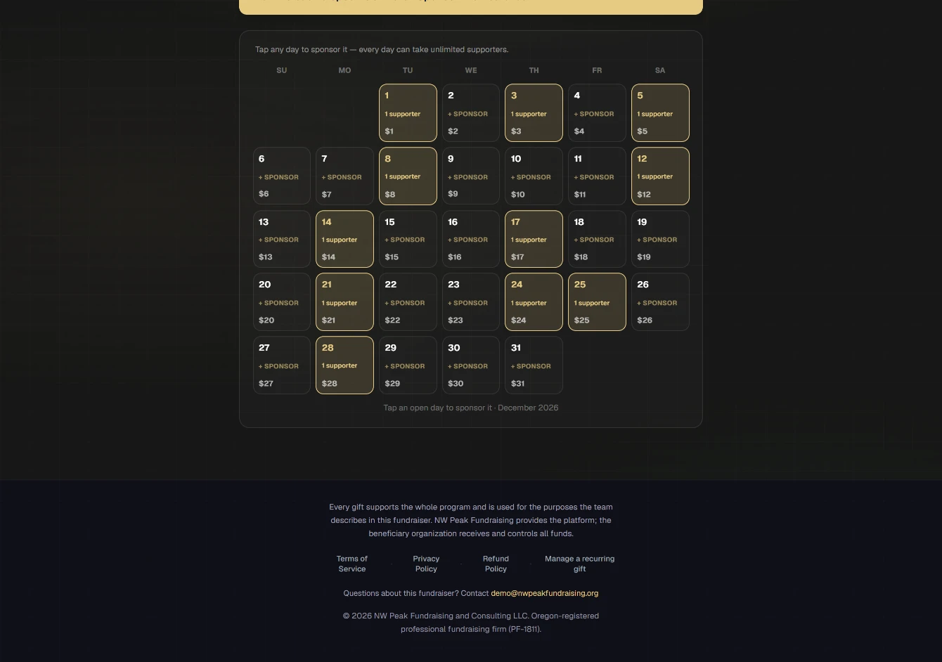 The Peak giving calendar, live on the demo site — donors sponsor days of the month